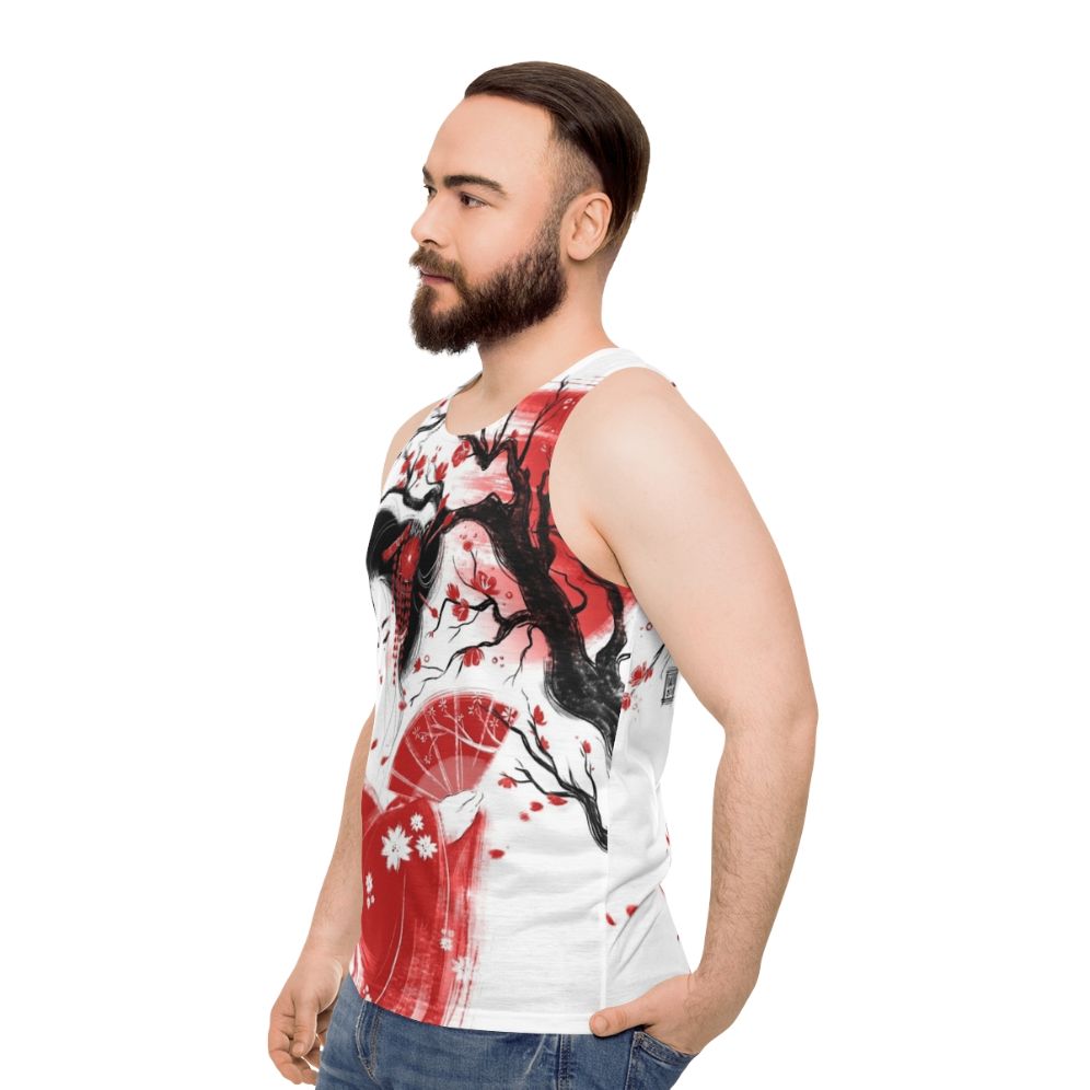 Geisha inspired watercolor print unisex tank top - men side