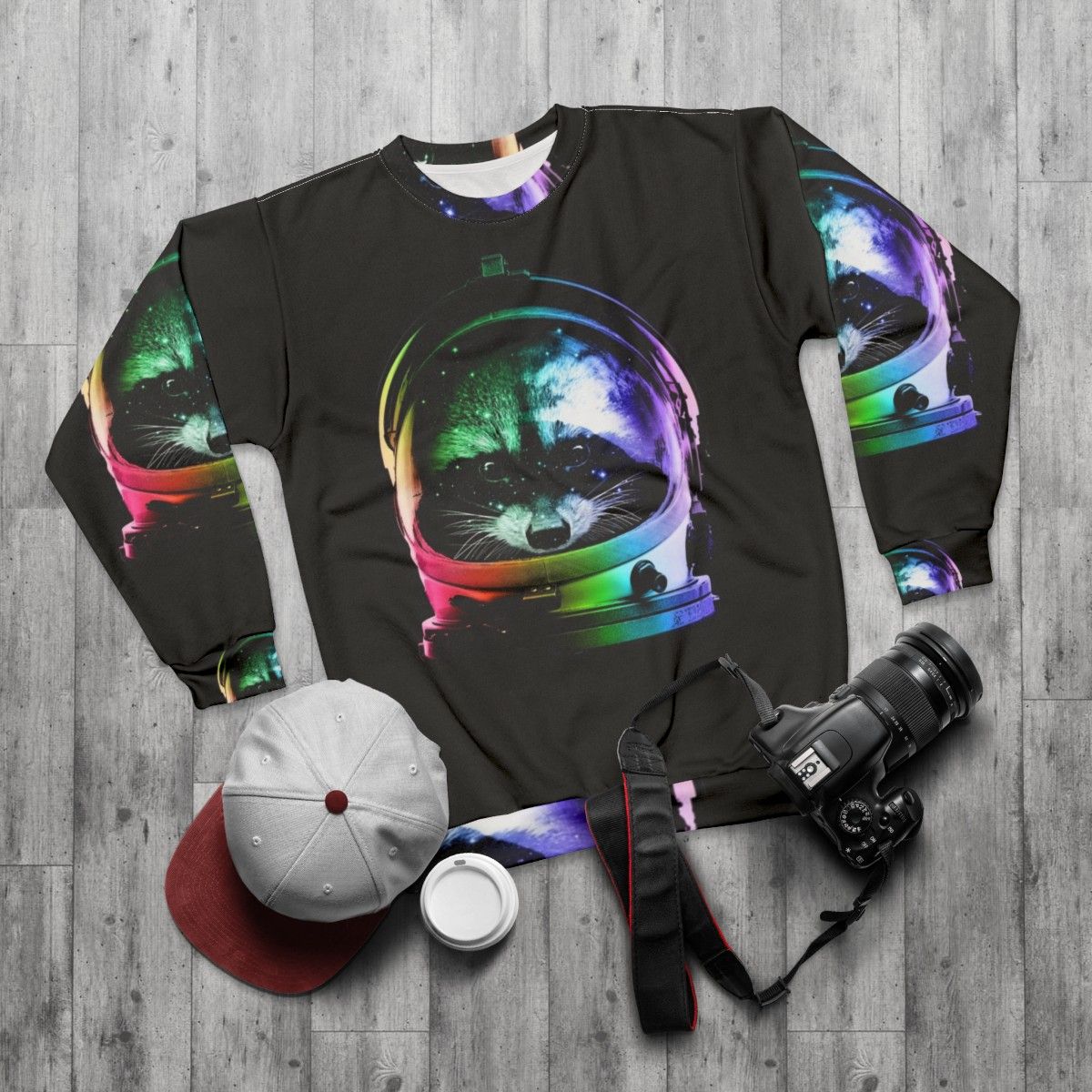 Astronaut Raccoon Sweatshirt - Cosmic Creature Design - flat lay