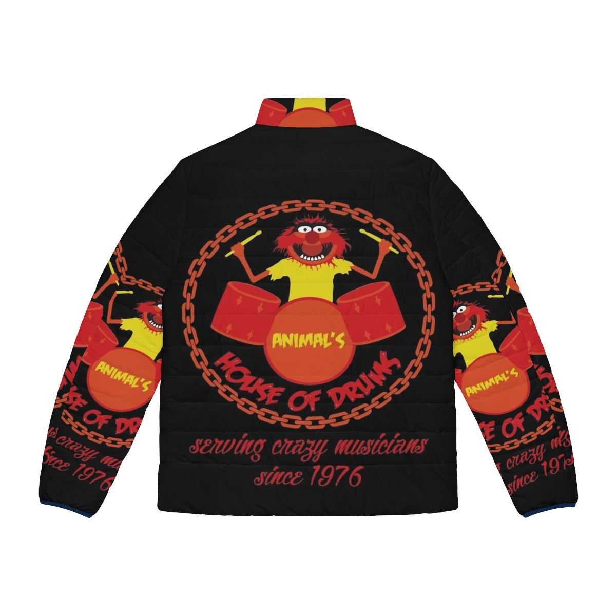 A cozy puffer jacket featuring Muppet characters and drumming motifs - Back