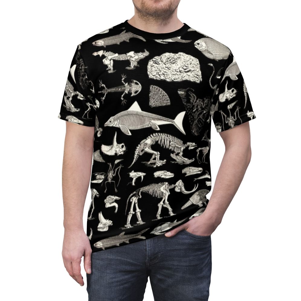 Paleontology inspired t-shirt featuring a vintage-style illustration of fossils, skeletons, and prehistoric animals - men front