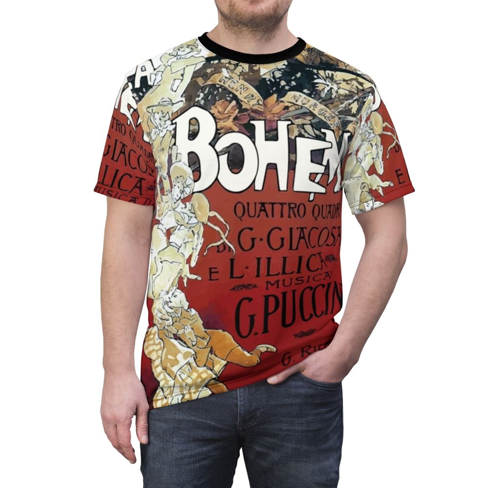 Vintage-style t-shirt featuring the iconic opera 'La Boheme' by Puccini - men front