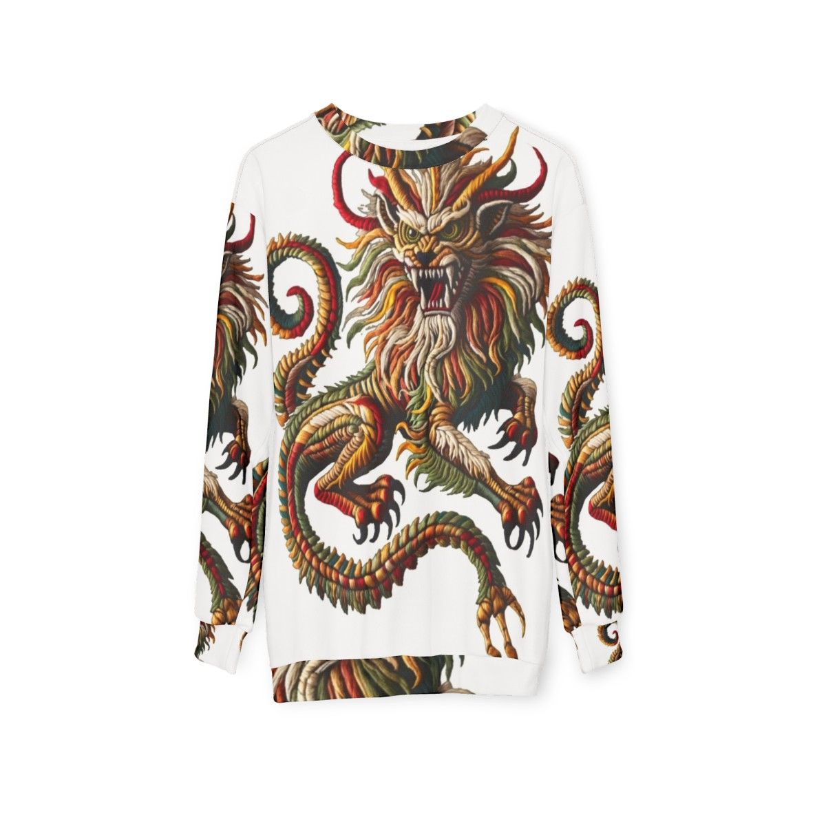 Manticore embroidered sweatshirt, fantasy beast - hanging