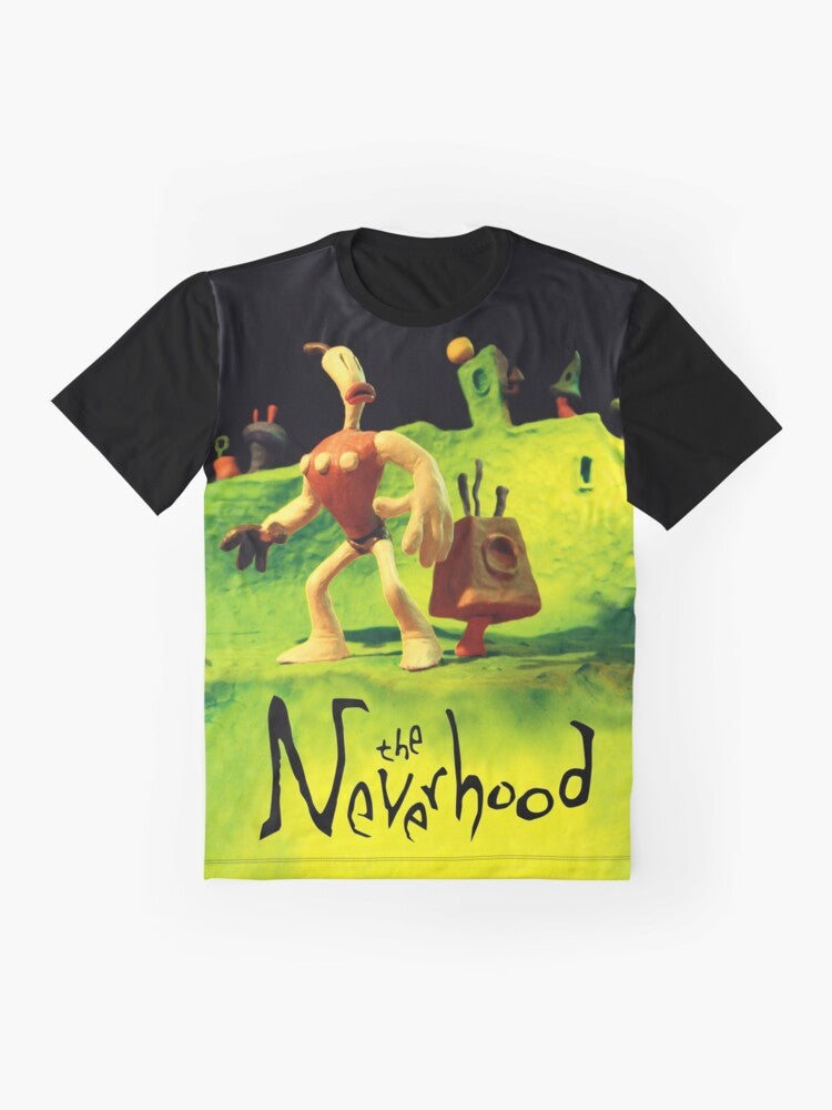 Retro "The Neverhood" graphic t-shirt featuring the Clayman character from the classic video game - Flat lay