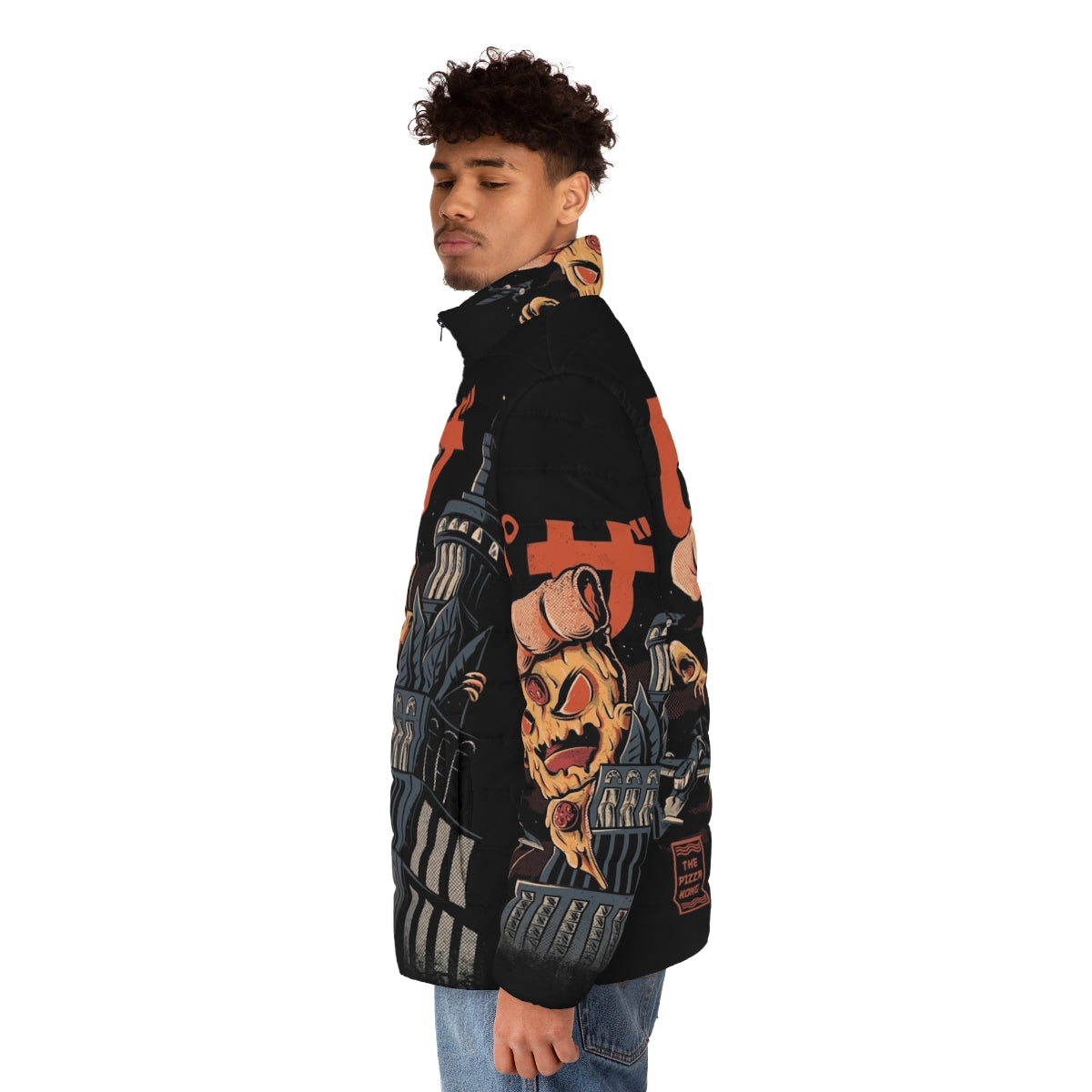 Retro Pizza Kong Puffer Jacket with Japanese Kaiju and Monster Inspired Design - men side left