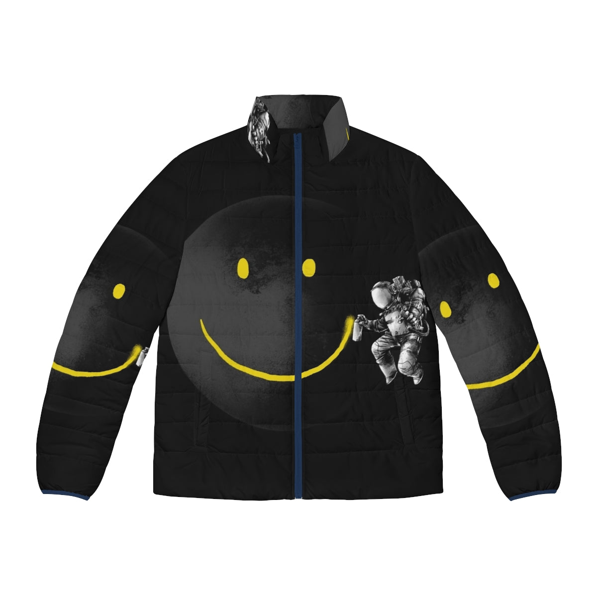 Puffer jacket with a surreal, abstract smiling face design against a cosmic, space-inspired background