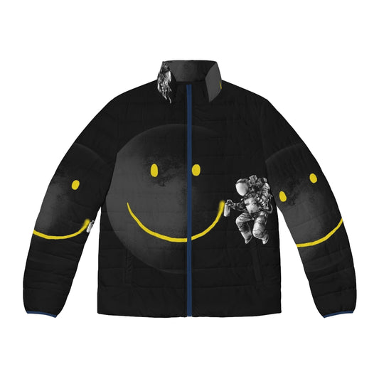 Puffer jacket with a surreal, abstract smiling face design against a cosmic, space-inspired background