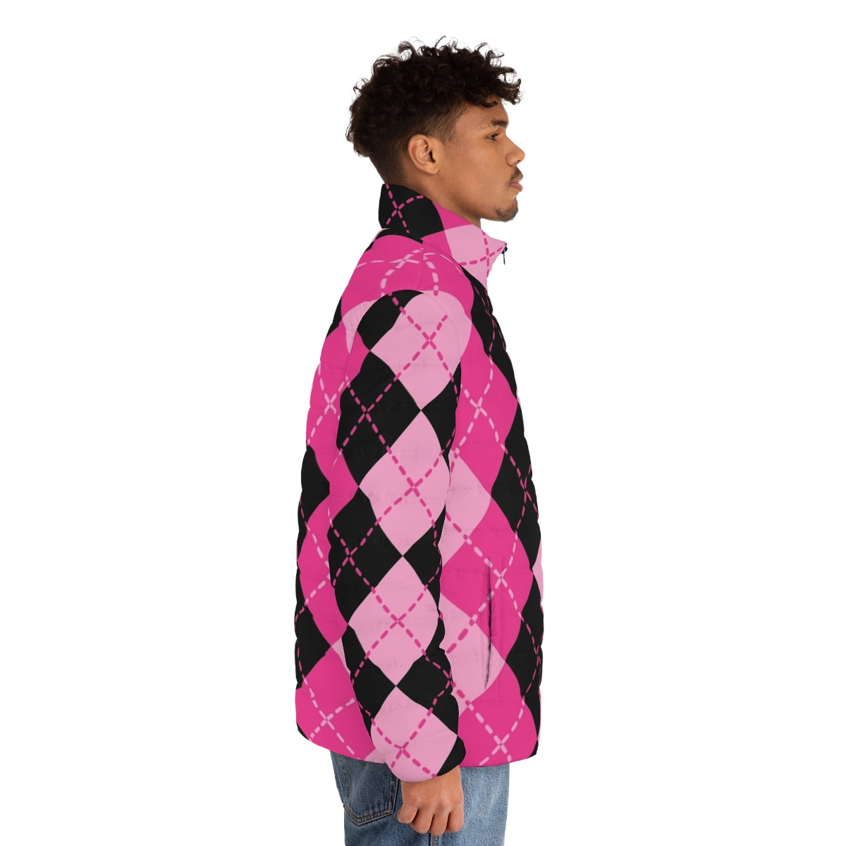 Retro pink argyle puffer jacket with classic diamond pattern design - men side right