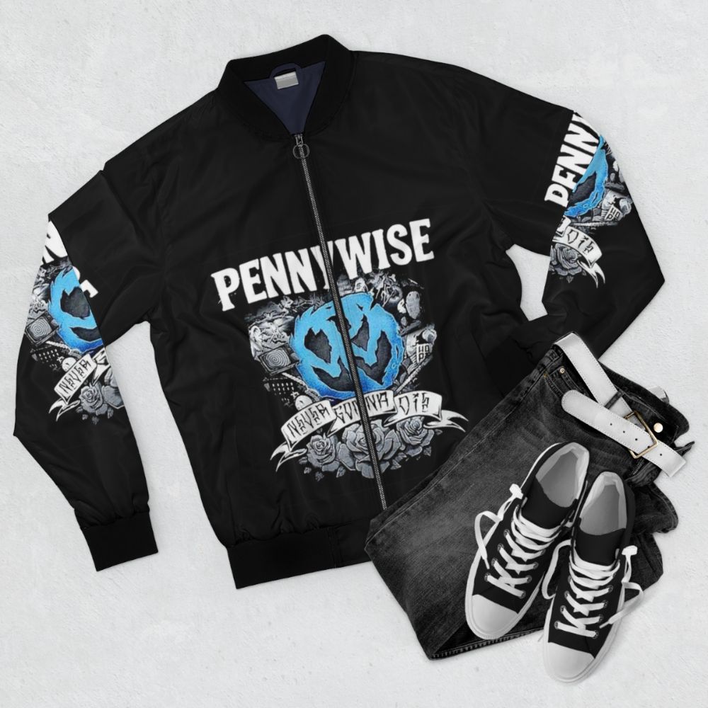 Pennywise Bomber Jacket - Featuring the Iconic Horror Movie Character - Flat lay