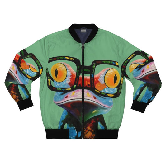 Colorful bomber jacket featuring a hipster frog wearing nerd glasses