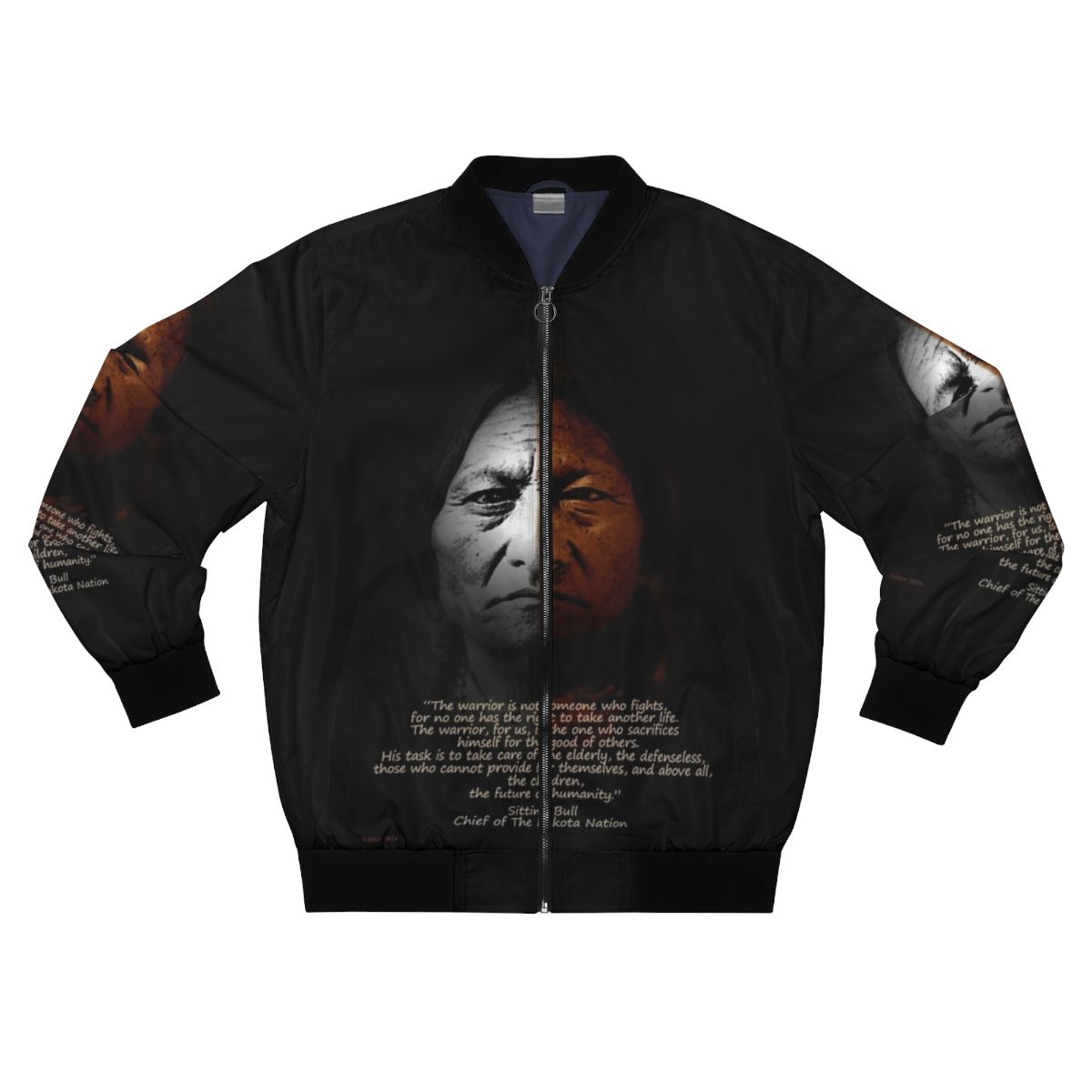 Stylish bomber jacket featuring a Sitting Bull warrior quote, modern Native American wall art design