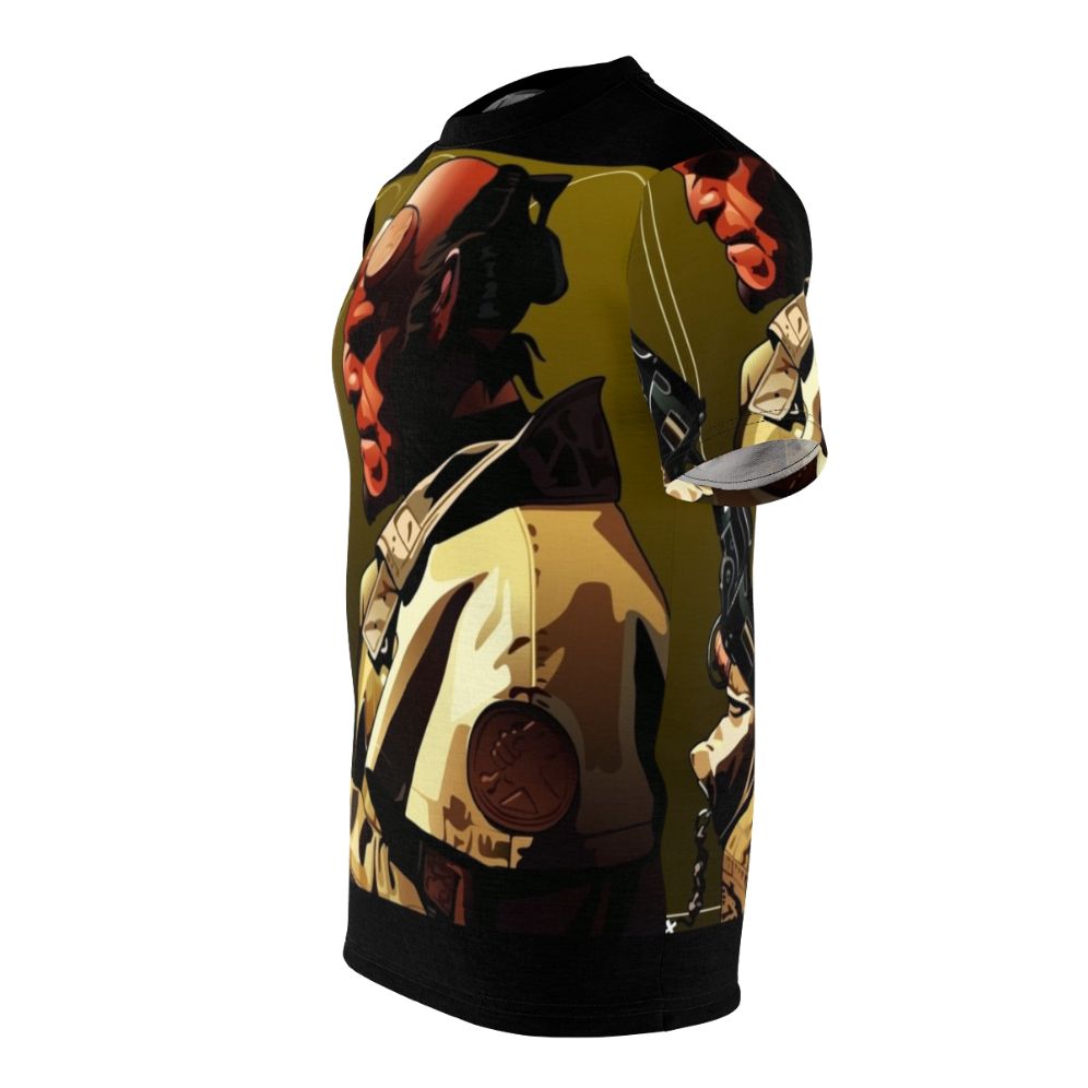 Hellboy-inspired all-over-print t-shirt featuring the iconic demon superhero from the fantasy and horror movie franchise - men left