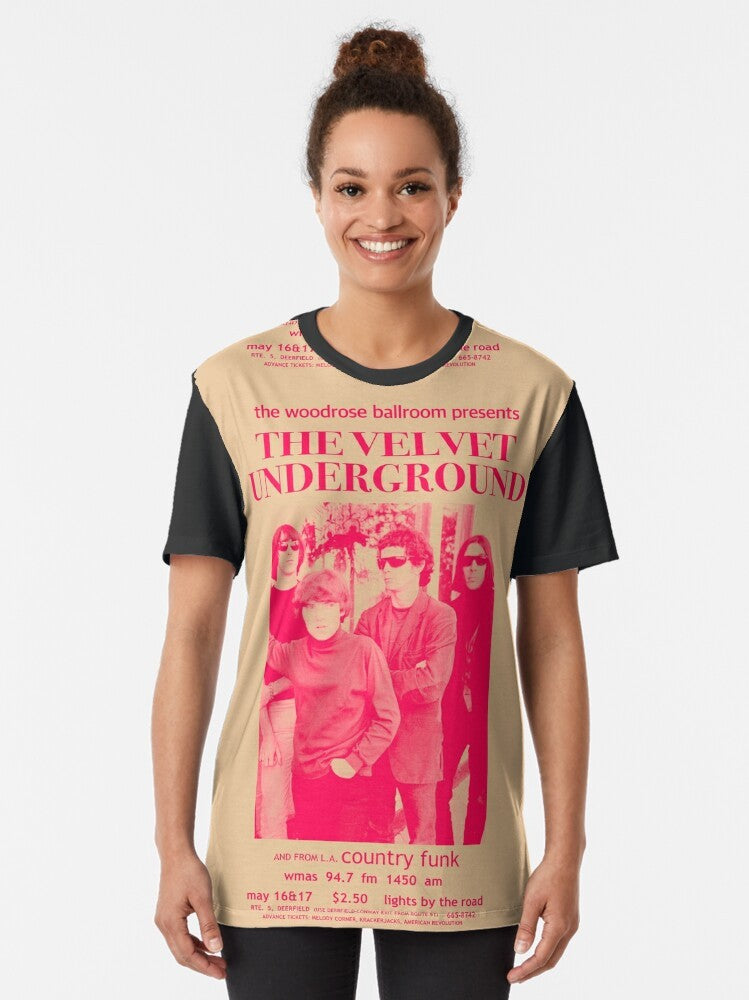 Vintage Velvet Underground promo poster graphic printed on a colorful t-shirt - Women