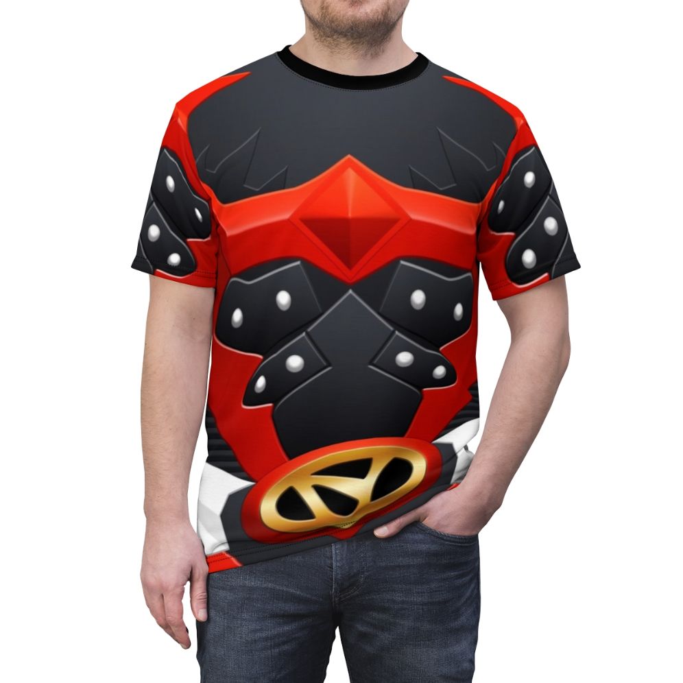 A red t-shirt featuring a psycho-themed design inspired by power rangers and other superheroes. - men front