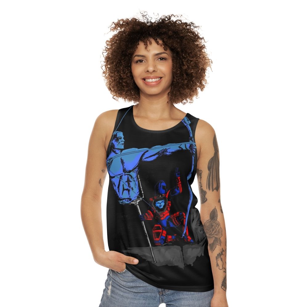 Retro unisex tank top with Cryotek-inspired 80s cartoon design - women