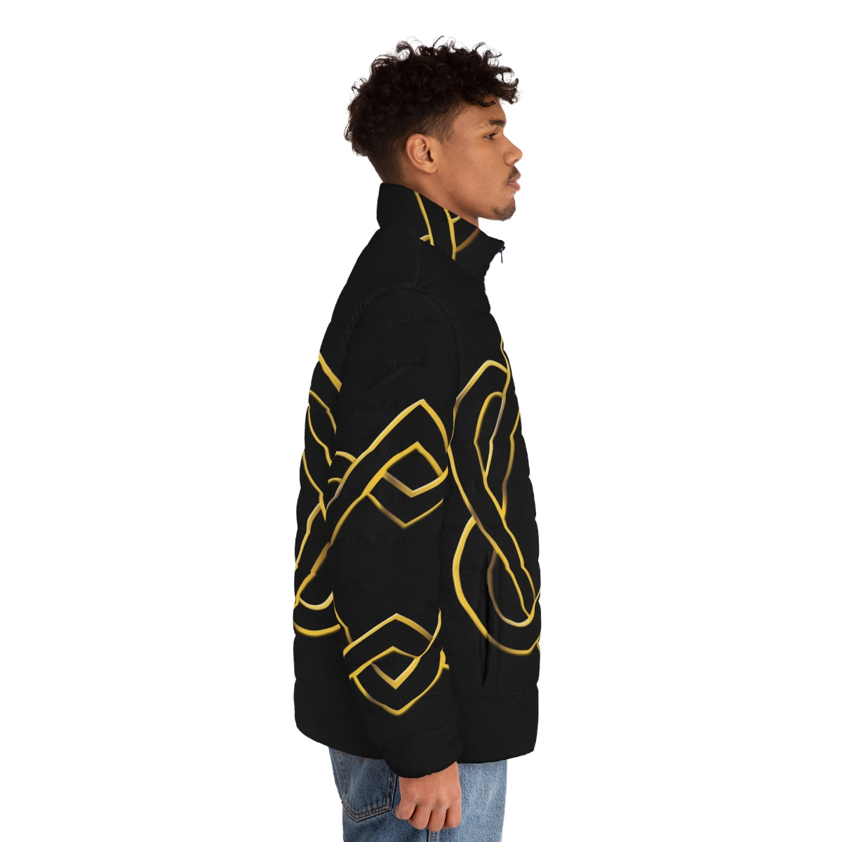 Puffer jacket with intricate Celtic knot designs in a heart shape - men side right