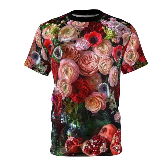 Vibrant botanical flowers and pomegranate fruit pattern on a vintage-style t-shirt