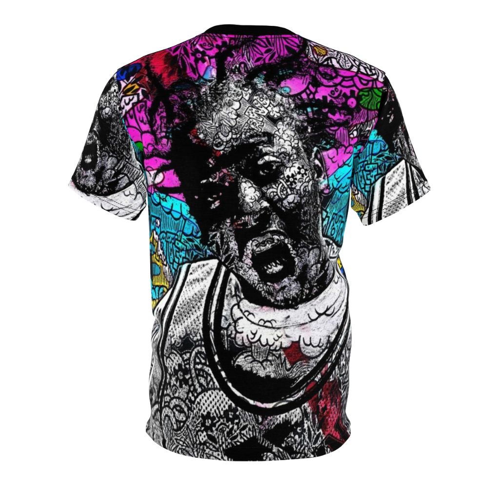 Vibrant all-over-print t-shirt featuring a bold graphic design inspired by the iconic Wu-Tang Clan member Ol' Dirty Bastard - Back