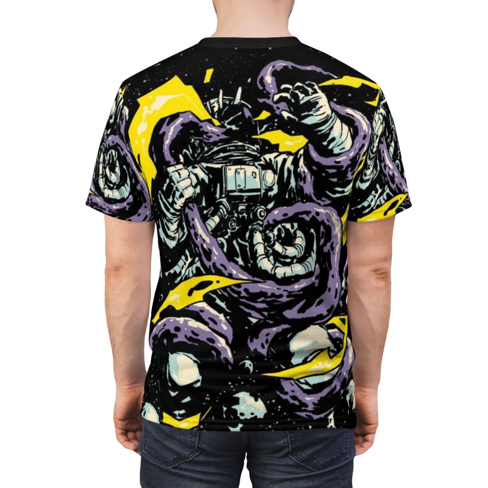 Visually striking t-shirt design featuring an astronaut in a battle with a monstrous space creature, in a cosmic setting. - men back