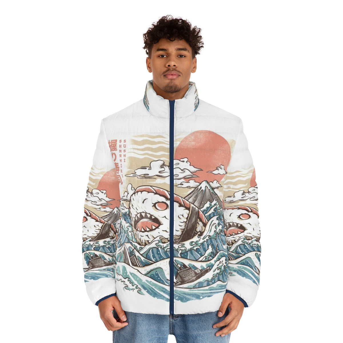 Sharkiri Sushi Puffer Jacket with anime-inspired sushi and shark design - men front