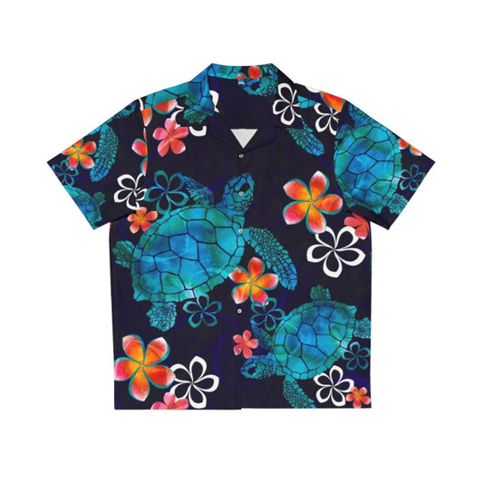 Sea turtle Hawaiian shirt with colorful watercolor flowers and aqua blue background