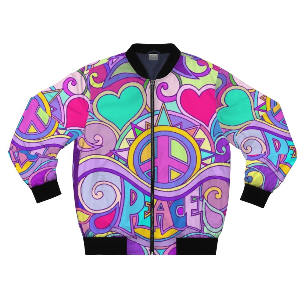 Retro psychedelic bomber jacket with colorful flower power and peace symbol graphics