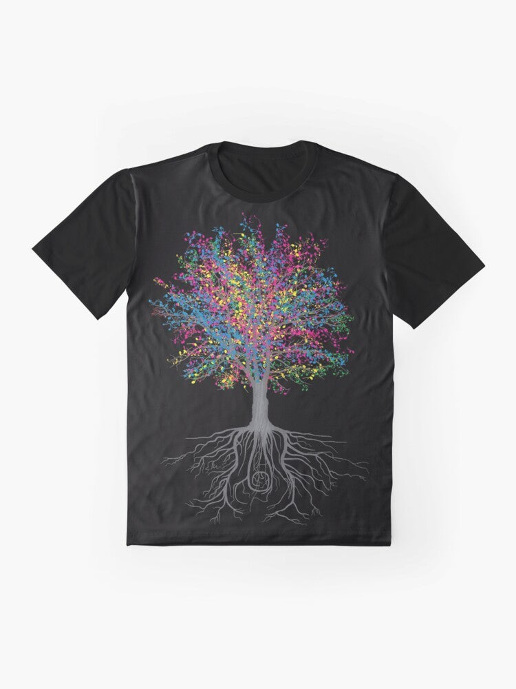 A graphic t-shirt design featuring a nature-inspired pattern with musical notes and elements like trees, leaves, and blossoms. - Flat lay