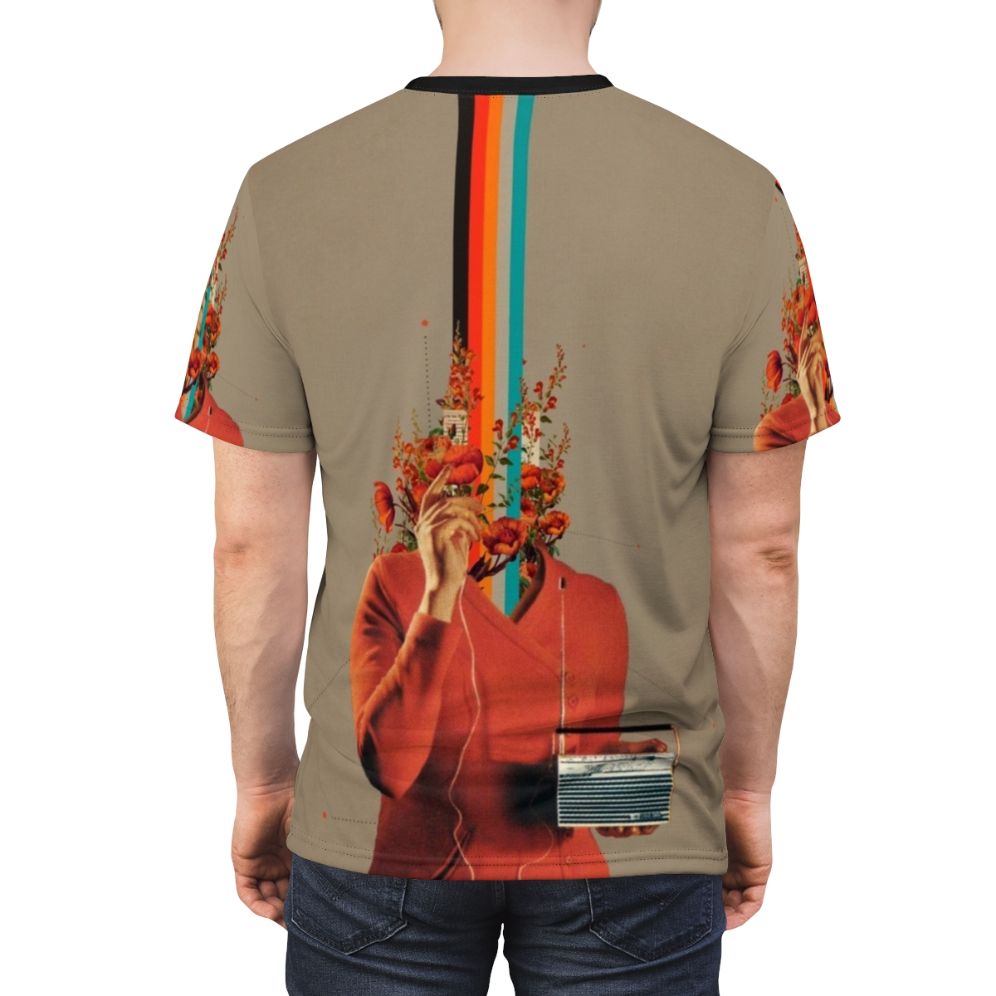 A colorful vintage-inspired T-shirt featuring a surreal collage design of a woman, music elements, and vibrant floral patterns. - men back