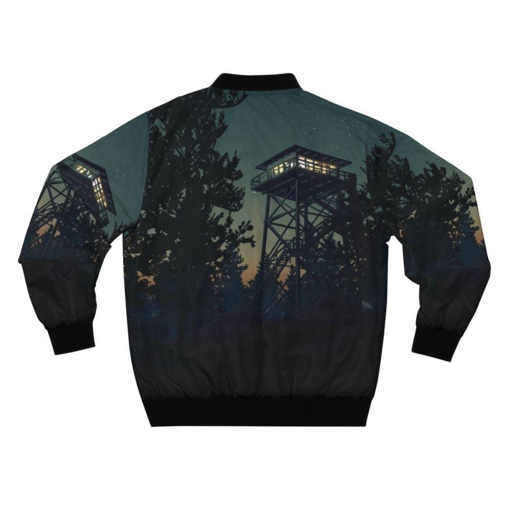 Firewatch-inspired minimalistic landscape design with mountains, forest, and sunset on a 4K bomber jacket - Back