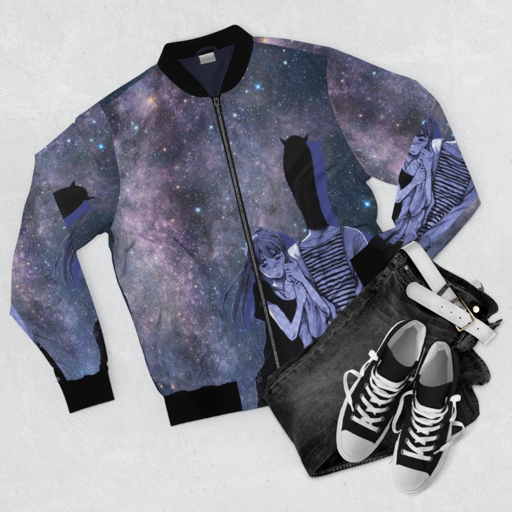 A bomber jacket featuring a starry night sky design, inspired by astronomy and astrophysics. - Flat lay