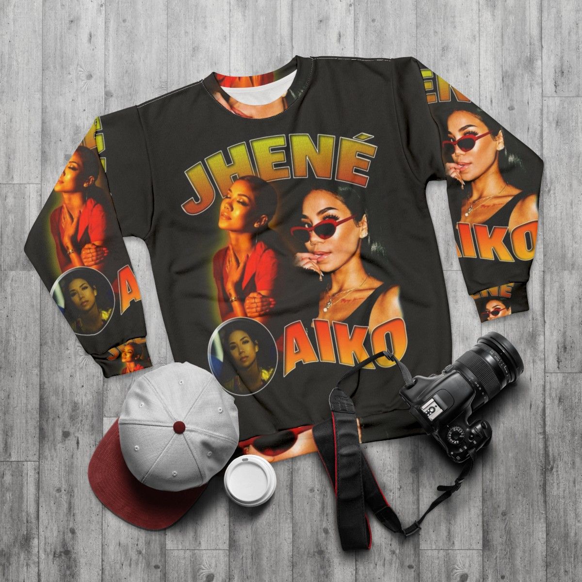 Jhene Aiko Bootleg Sweatshirt - Y2K Aesthetic Indie Hip Hop Streetwear - flat lay