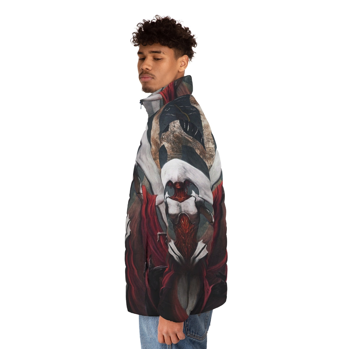 Elesh Norn inspired fantasy puffer jacket with red landscape design - men side left