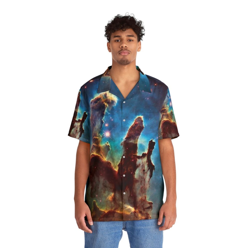 Nebula-inspired Hawaiian shirt with galaxy print design - People Front