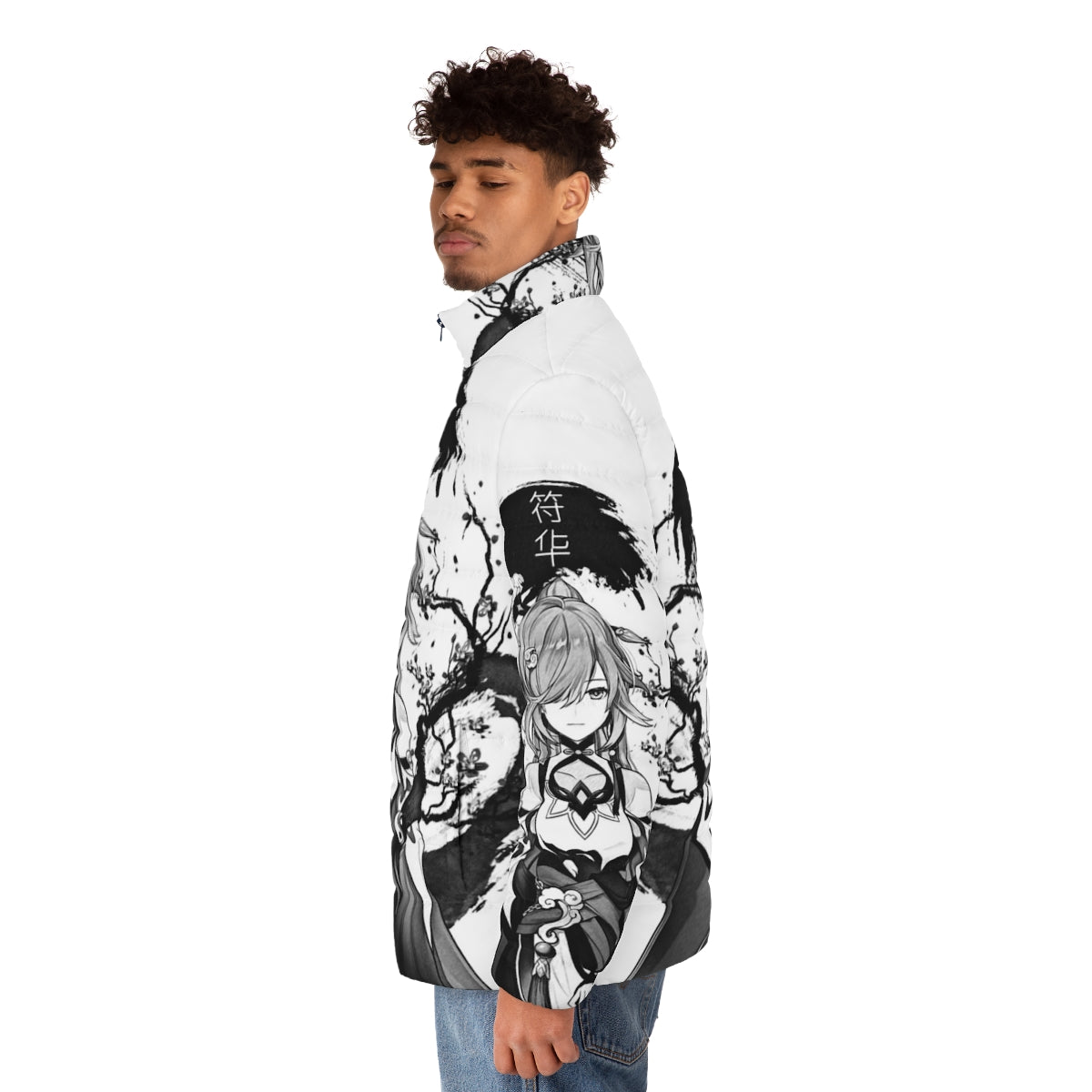 Anime-inspired quiet ink puffer jacket with monochrome design, Honkai Impact and Genshin Impact inspired - men side left