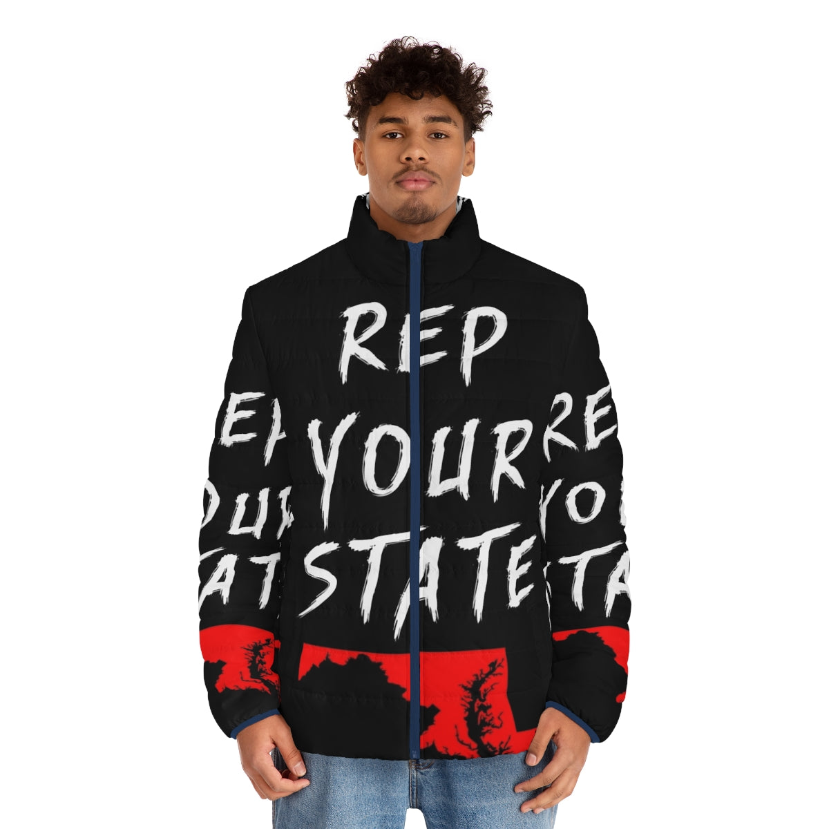 Maryland state puffer jacket with text "Rep Your State" - men front