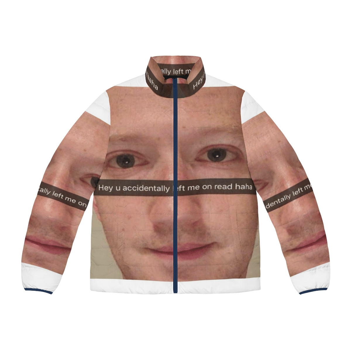 Mark Zuckerberg meme puffer jacket featuring a popular social media-inspired design