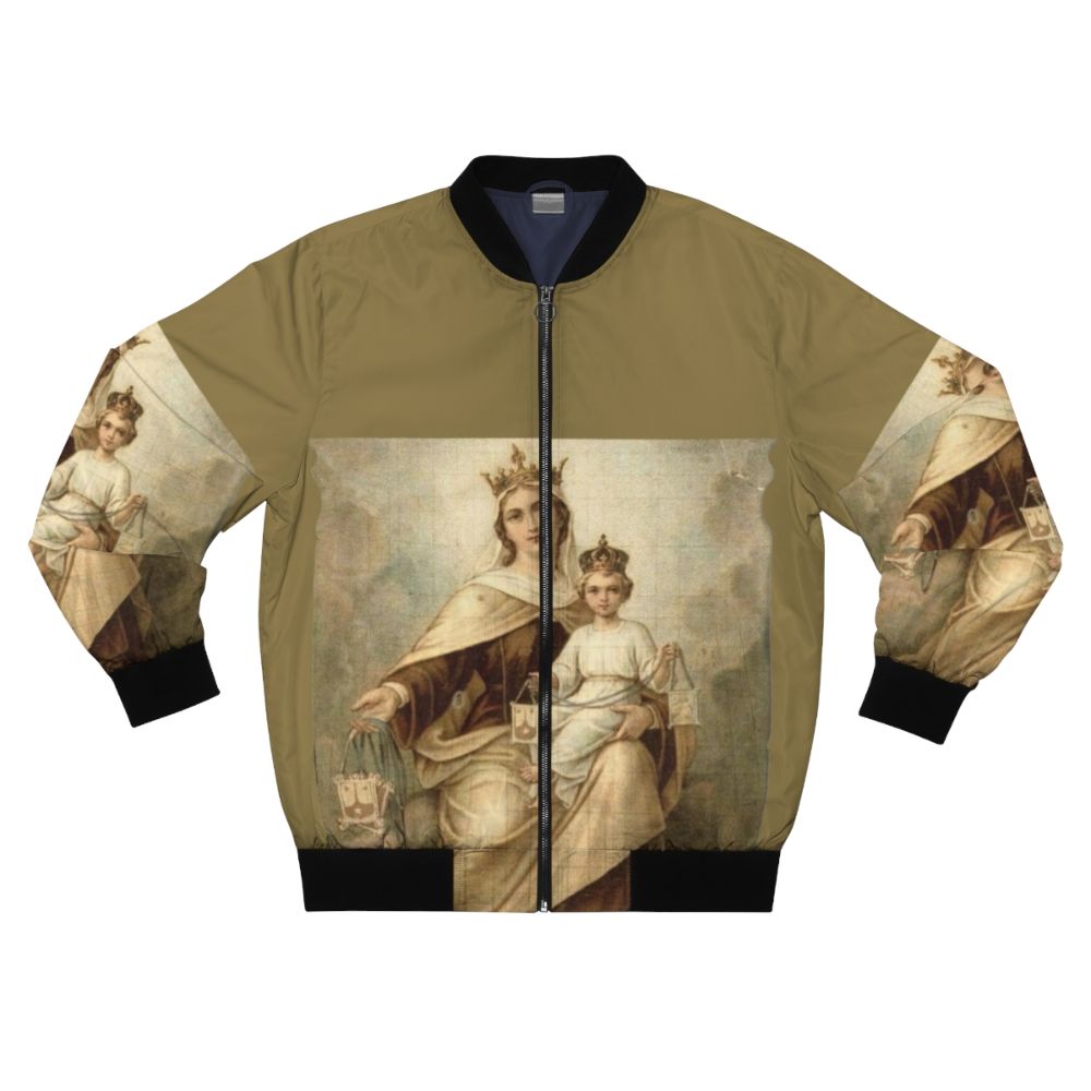 Our Lady of Mount Carmel Catholic Bomber Jacket with religious imagery and symbols