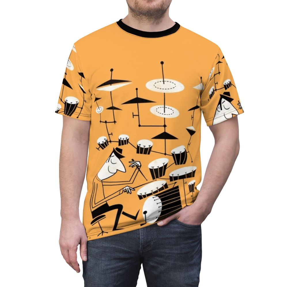 A graphic t-shirt featuring a funky, retro-inspired design with drums and a musical beat. - men front