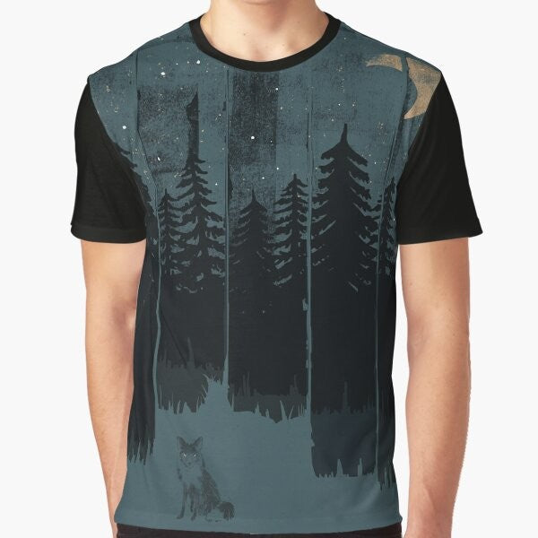 Graphic illustration of a fox in a moonlit forest on a t-shirt