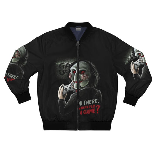 Bomber jacket with "Wanna Play a Game?" design, inspired by the Saw horror movie franchise and featuring the iconic Jigsaw mask