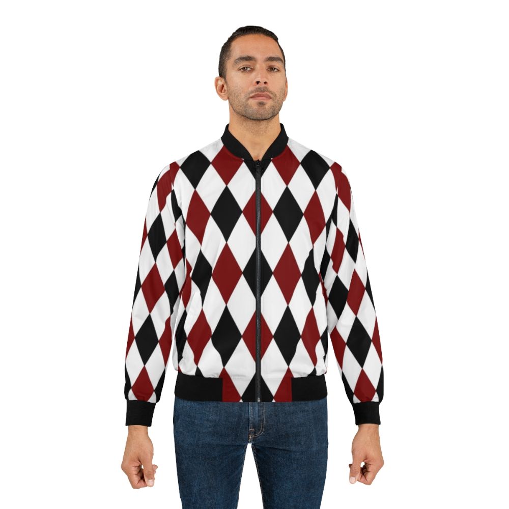 Black, white, and red harlequin diamond pattern bomber jacket - Lifestyle