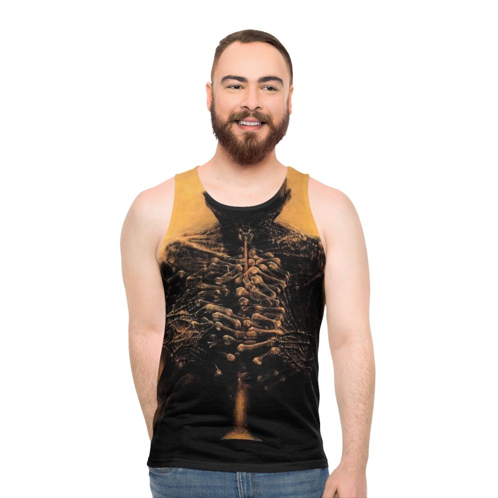 Unisex surrealist tank top with Beksinski's creepy skull artwork - men