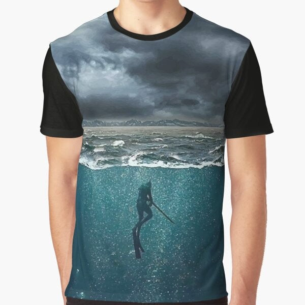 Spearfishing graphic t-shirt featuring an underwater hunting design with marine life elements