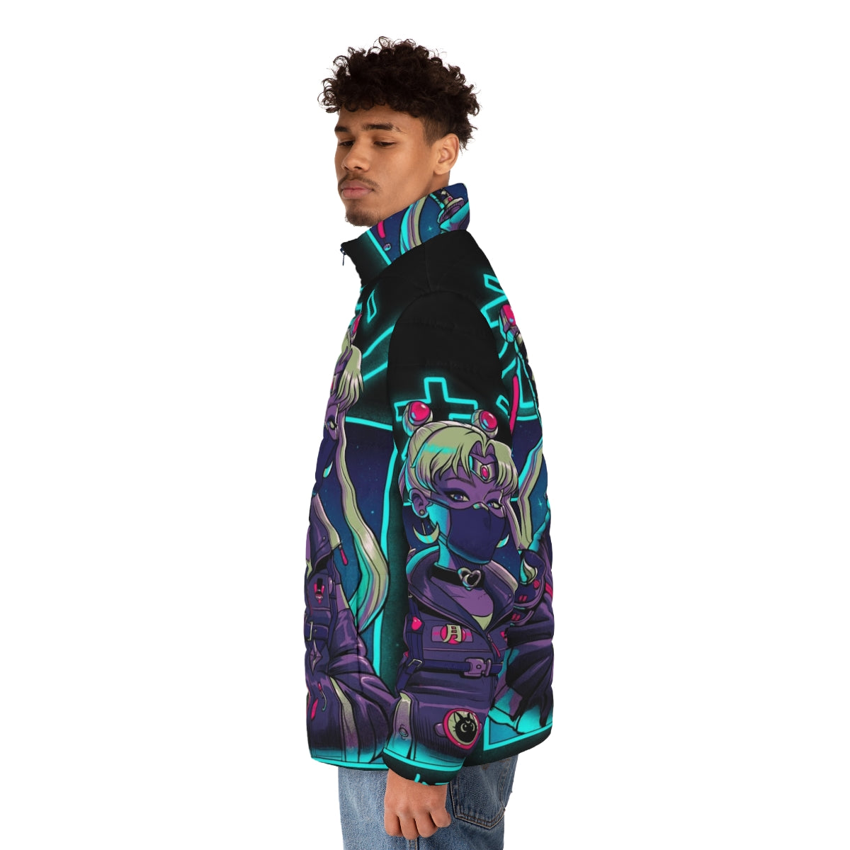 Neon puffer jacket with moon and samurai design - men side left