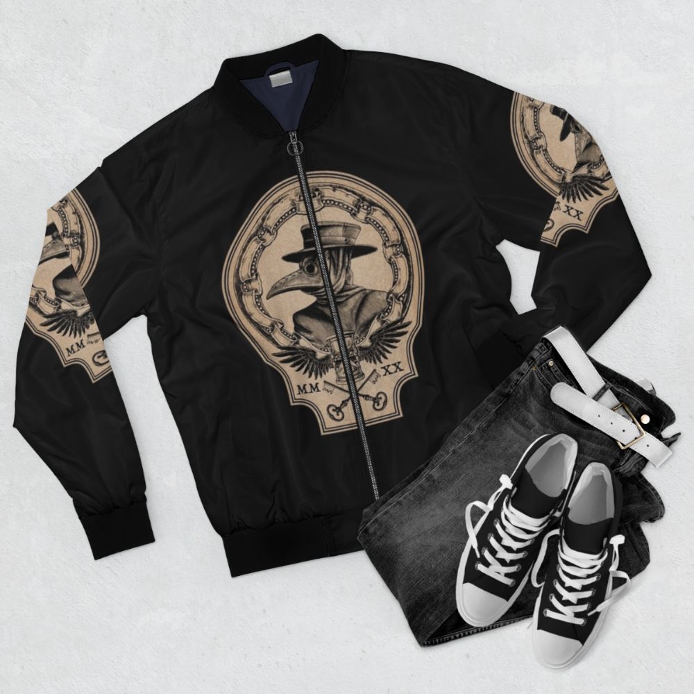 Vintage gothic plague doctor bomber jacket with raven, hourglass, and time motifs - Flat lay