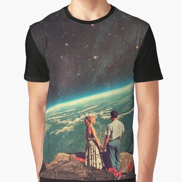 A vintage-inspired graphic t-shirt featuring a collage of a couple in love, surrounded by space, planets, and stars in a romantic, surreal scene.