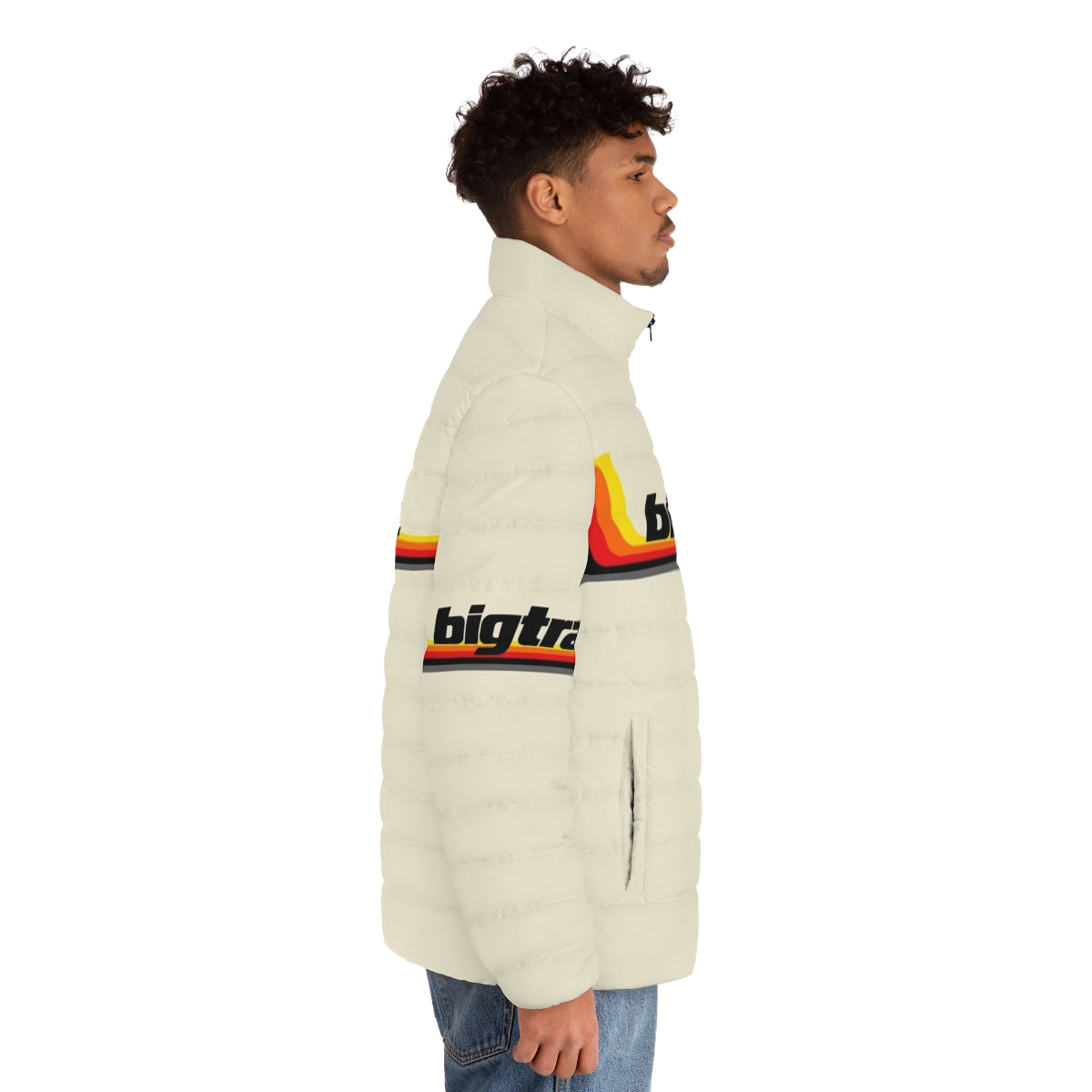 1980s Bigtrak Puffer Jacket featuring retro Milton Bradley robot tank toy design - men side right