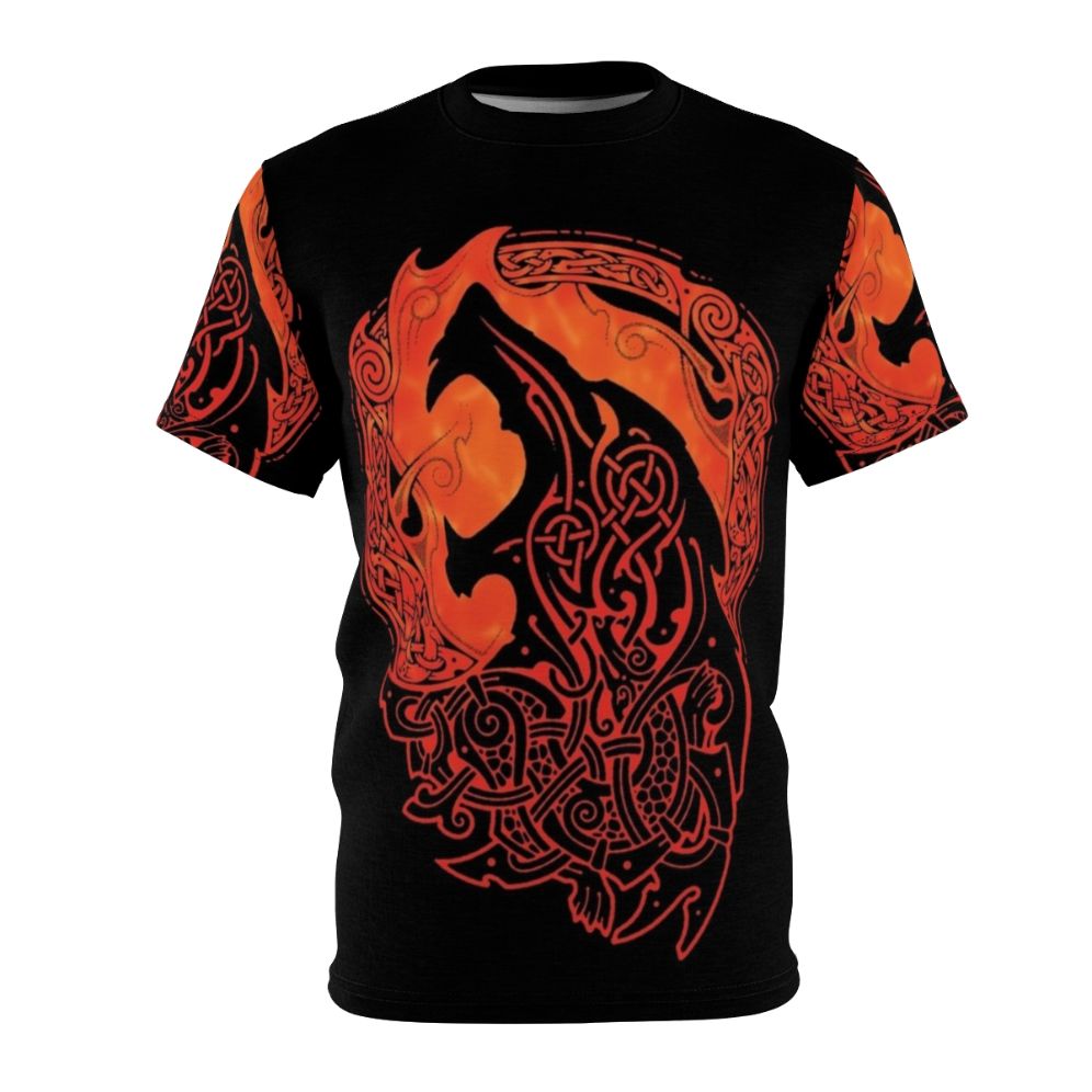 Fenrir, the mighty mythical wolf from Norse mythology, featured on an all-over print t-shirt design.