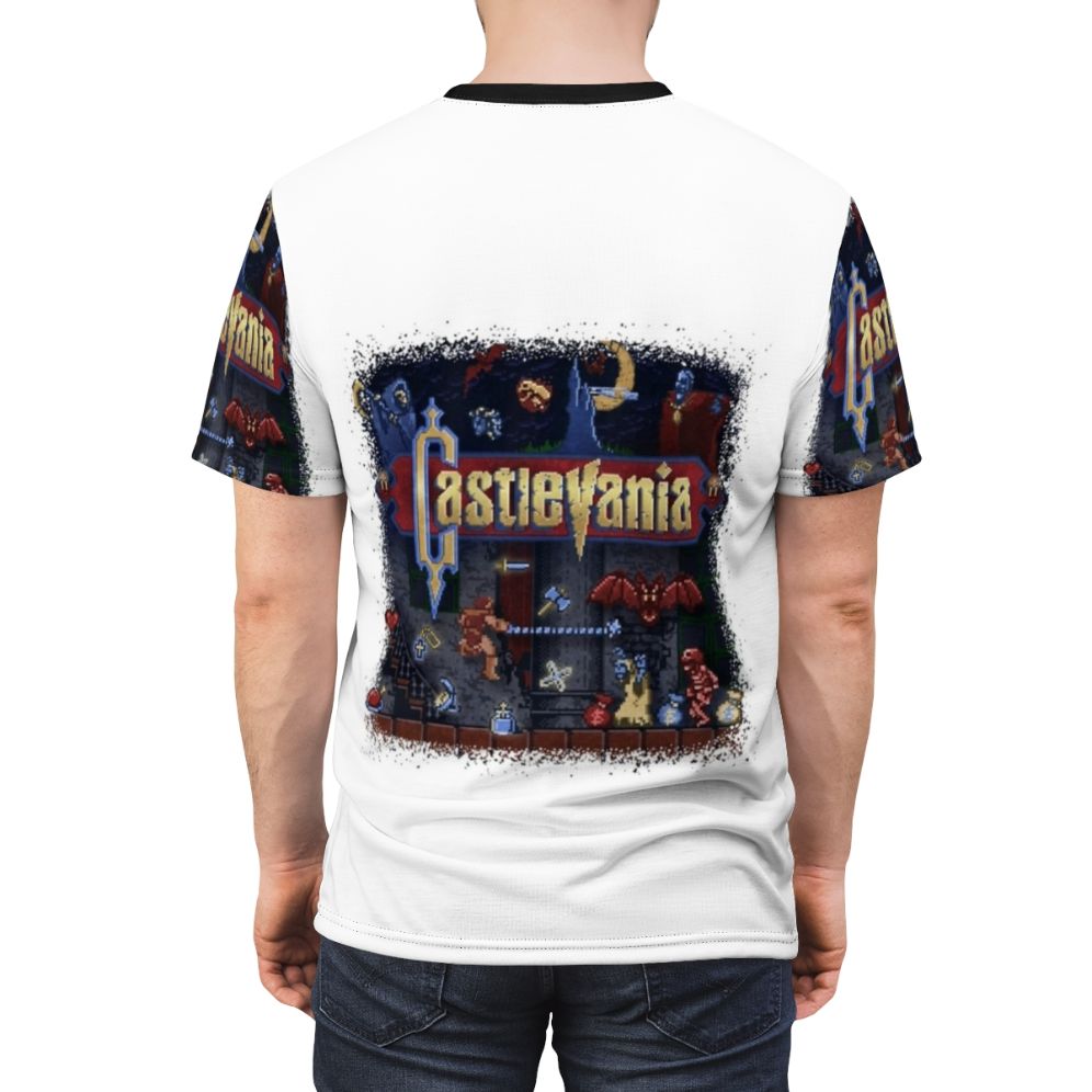 Castlevania-inspired anime graphic t-shirt with retro video game style design - men back