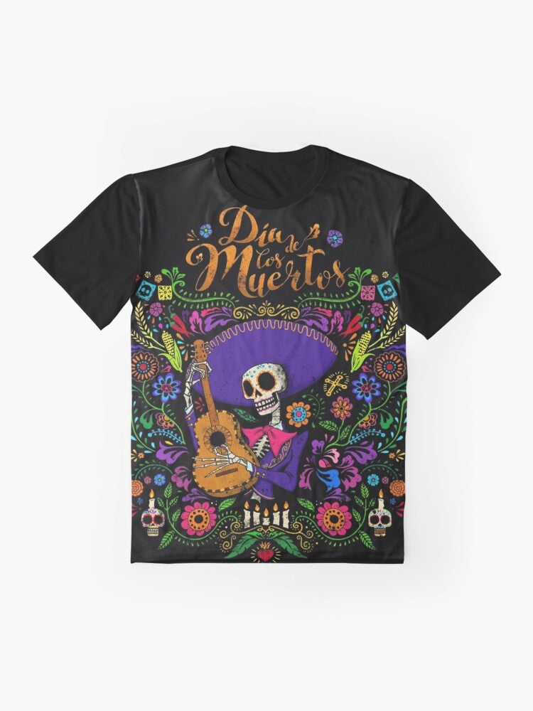 Dia De Los Muertos graphic t-shirt featuring a sugar skull and skeleton design - Flat lay