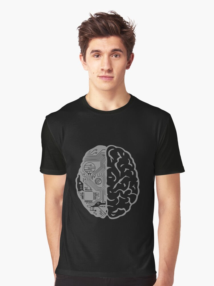 Graphic t-shirt design featuring a brain filled with binary code and the text "Coding Brain" - Men